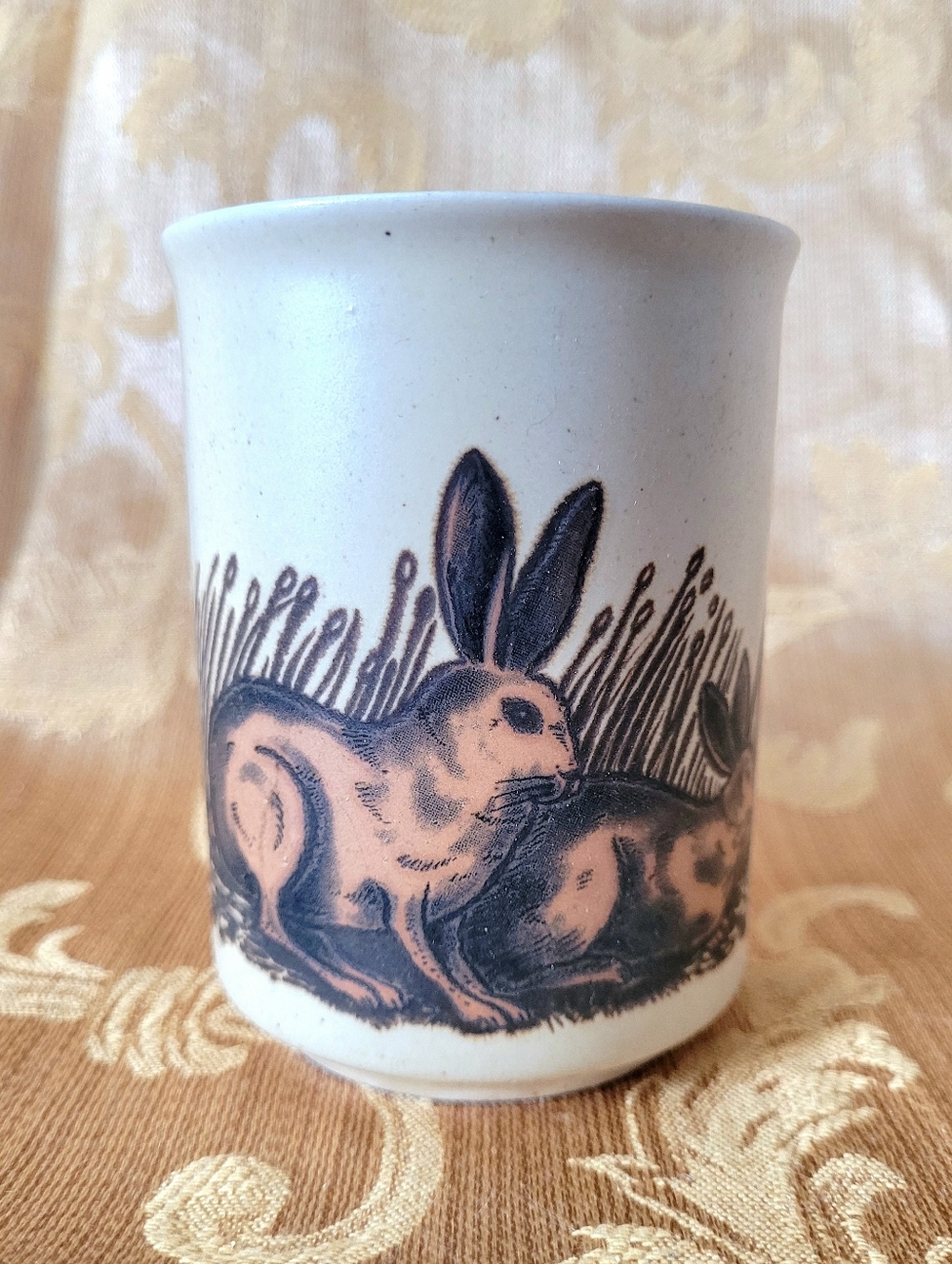 Vintage Stonewear Mug Rabbits Textured CAMERON KOREA ceramic Pottery
